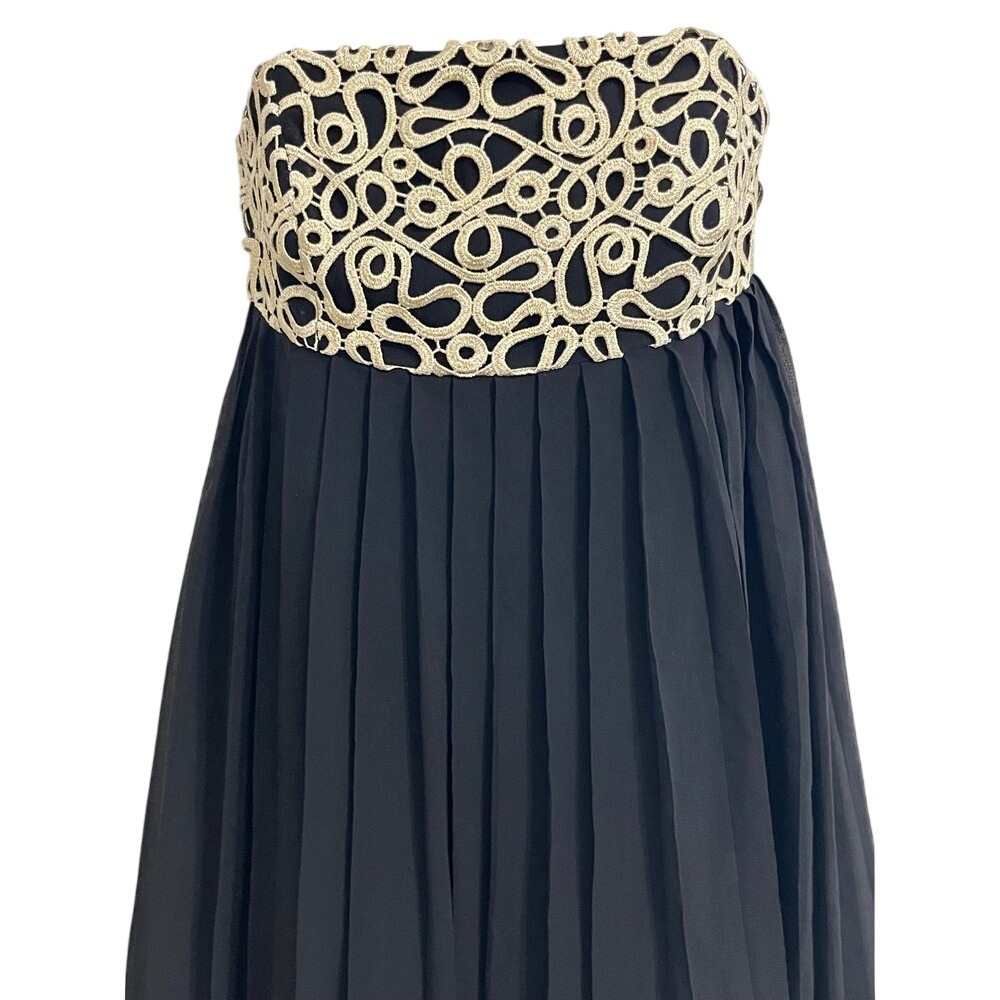 Lilly Pulitzer Strapless Dress Black Gold Trim Pleated Silk Size 2 - Picture 2 of 7